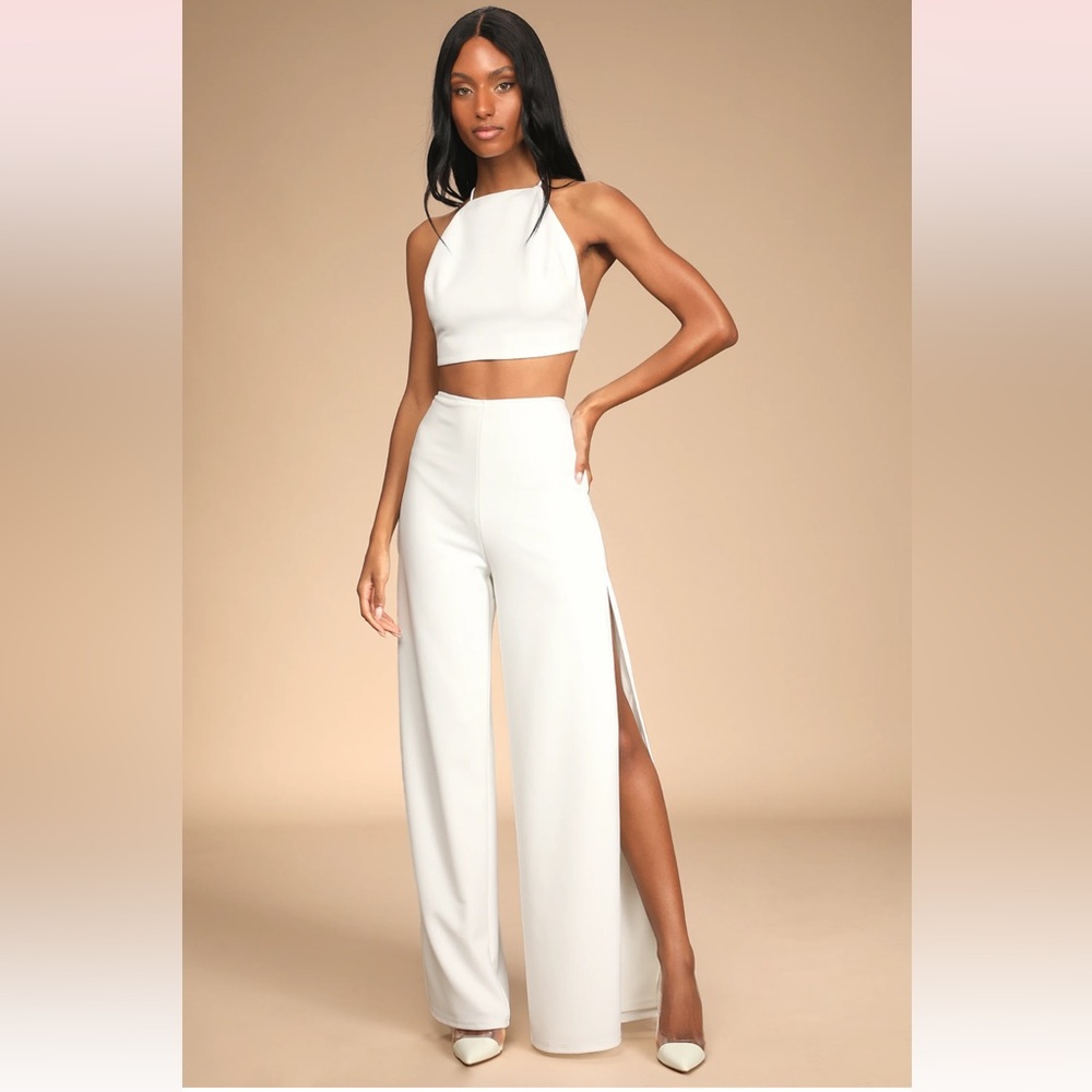 LULUS POISED PERFECTION IVORY TIE-BACK WIDE-LEG TWO-PIECE JUMPSUIT